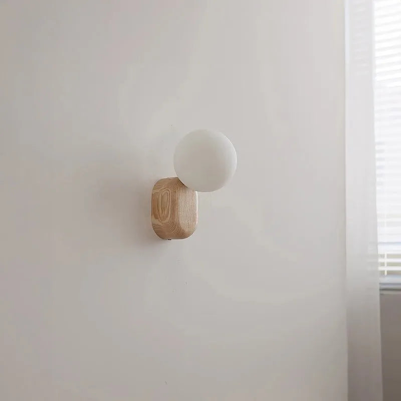 Spherical Glass Walnut Wood, Modern Wabi-Sabi Minimalist Style, Wall Sconce Light for Living Room, Dining Room, Bedroom, Study - vue 4 sur 6