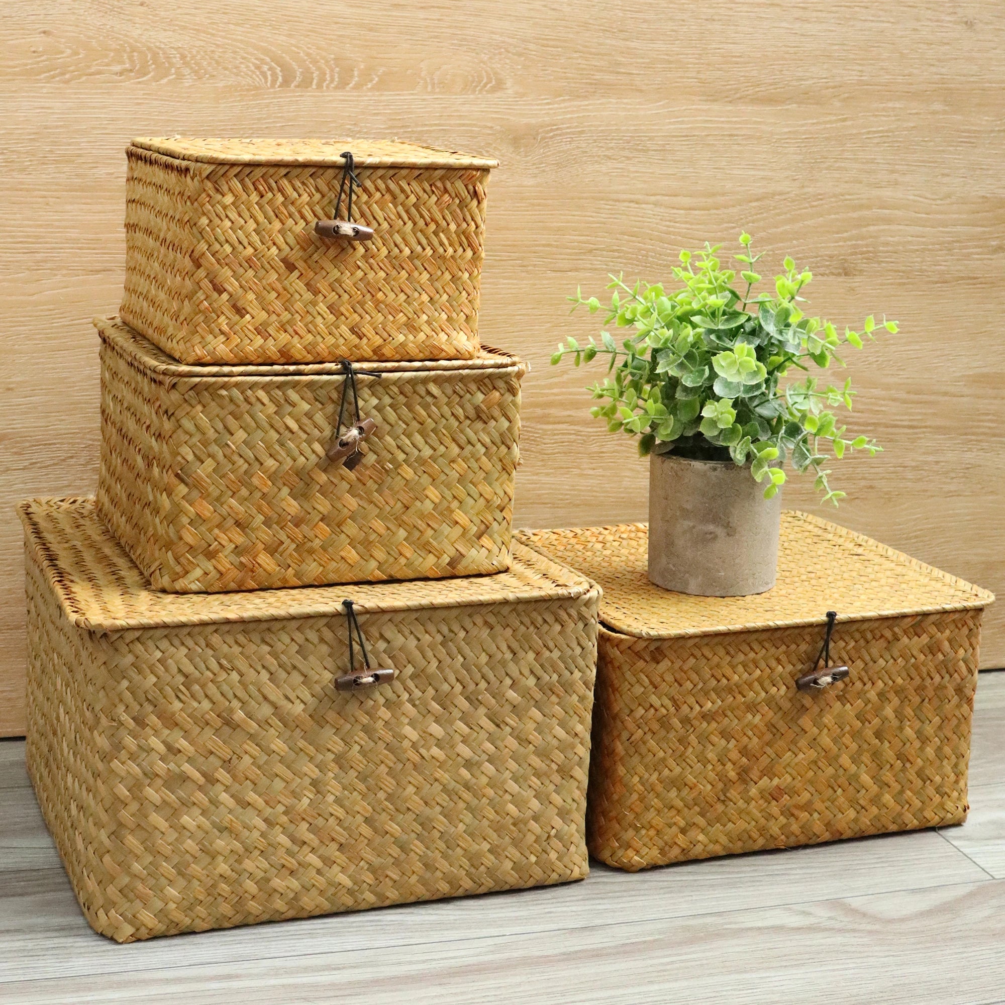 lot de 4 paniers en jonc de mer avec couvercle décoratifs et pratiques - vue 3 sur 6