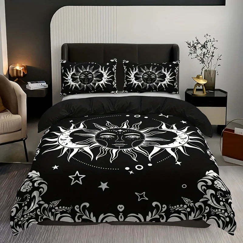 housse de couette bohème soleil lune motif floral noir blanc