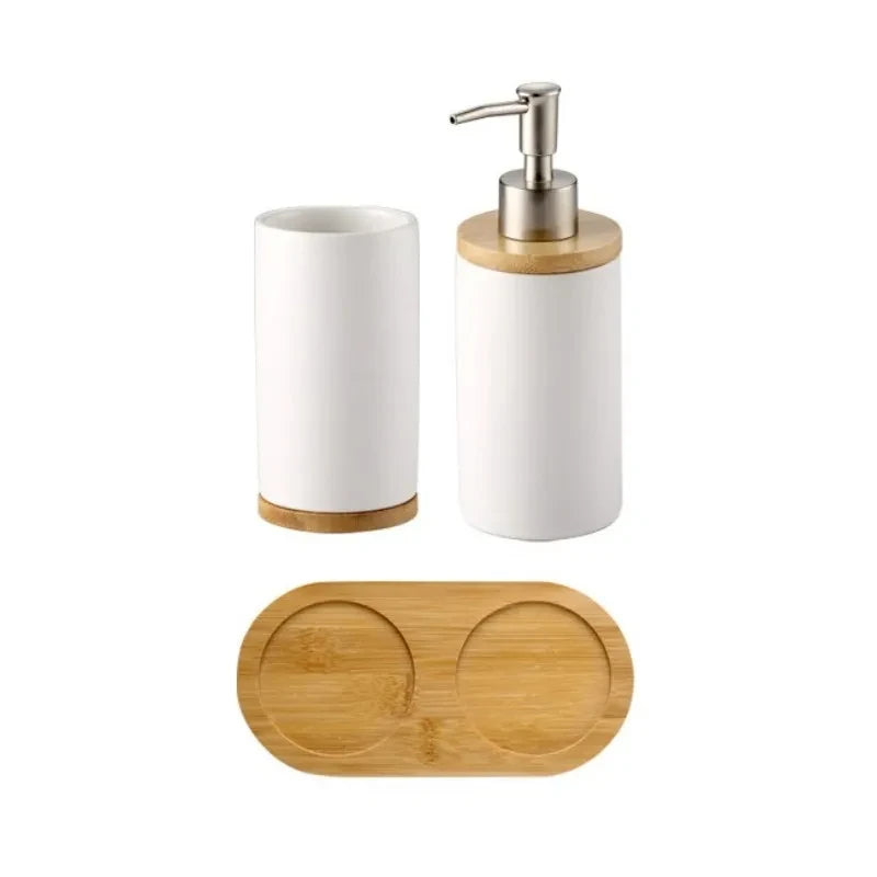 ensemble d'accessoires de salle de bain en céramique et bambou - vue 15 sur 16