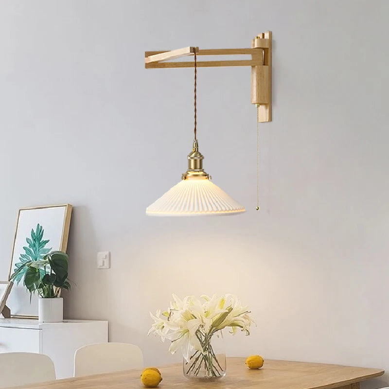 applique murale en verre bois et céramique lampe pliable à bras pivotant - vue 5 sur 14