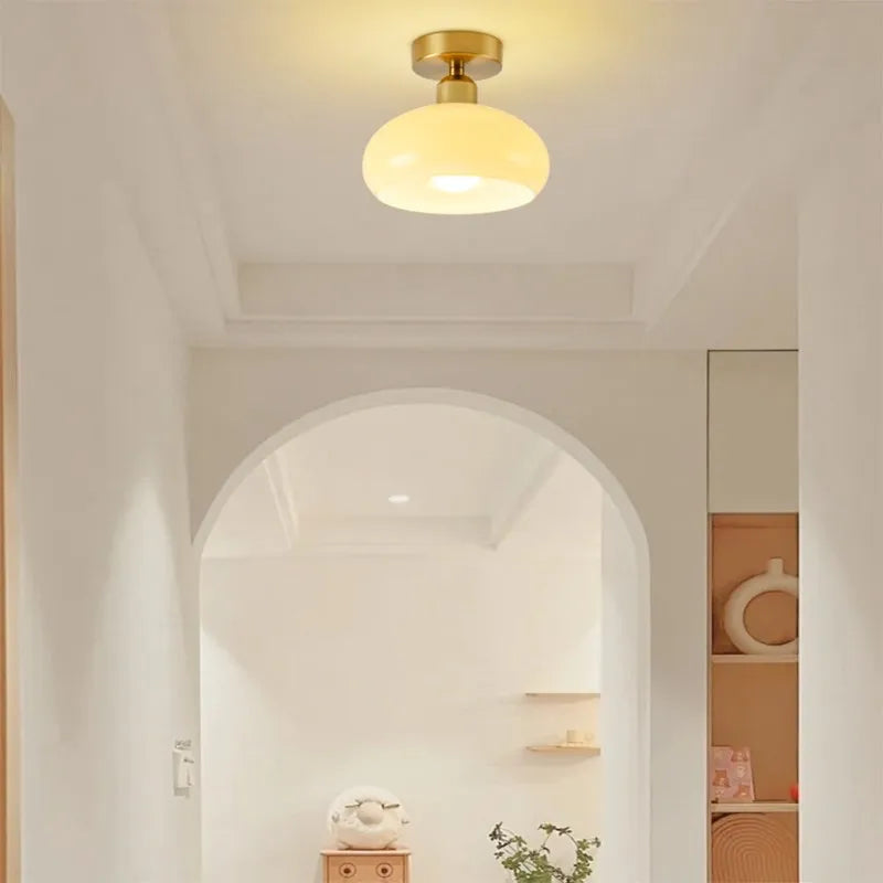 Plafonnier LED en verre nordique rétro crème décor lampe or E27 éclairage pour allée couloir salon luminaires d'intérieur Lustre - vue 4 sur 9