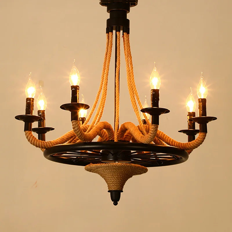 lustre loft américain en bois avec corde de chanvre industrielle