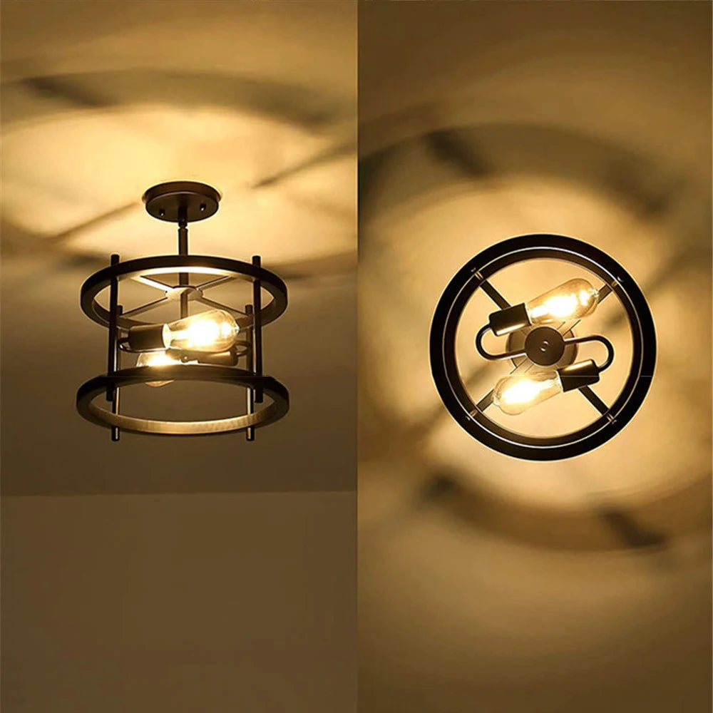 plafonnier rétro semi-encastré 2 lumières bois vintage pour ferme industrielle - vue 6 sur 9