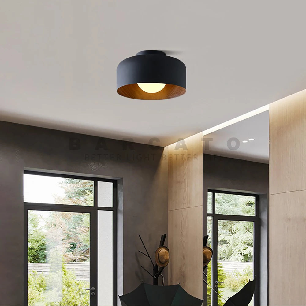 Nordique moderne noyer bois Texture Led plafonnier pour chambre salon cuisine étude allée balcon rond G9 lustre lumière - vue 4 sur 8