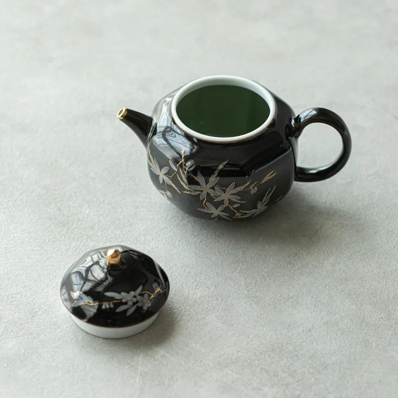 Théière chinoise rétro céramique kungfu motif floral abricot - vue 6 sur 7
