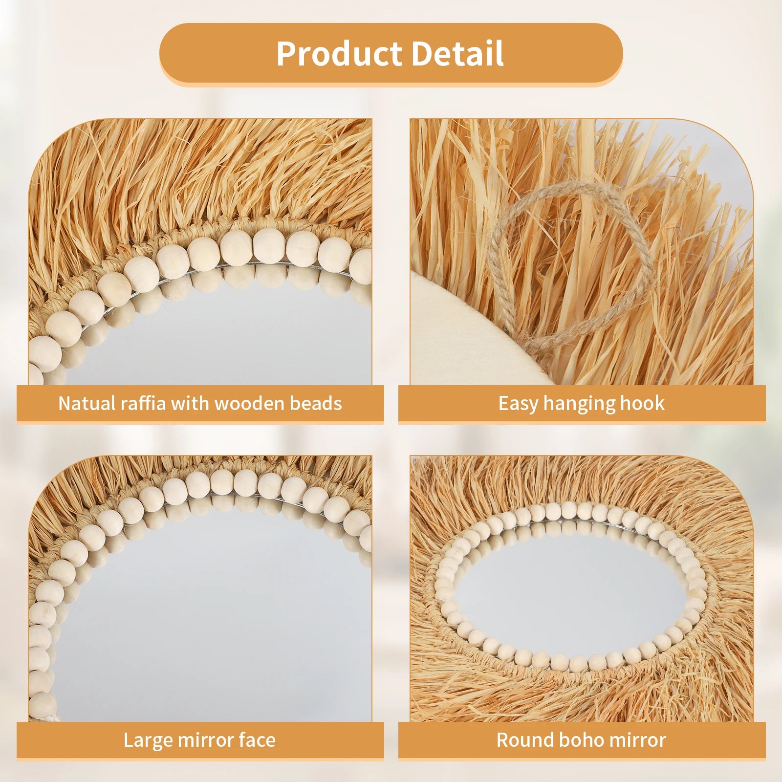 miroir décoratif en perles de bois de raphia fait main style bohème - vue 6 sur 6