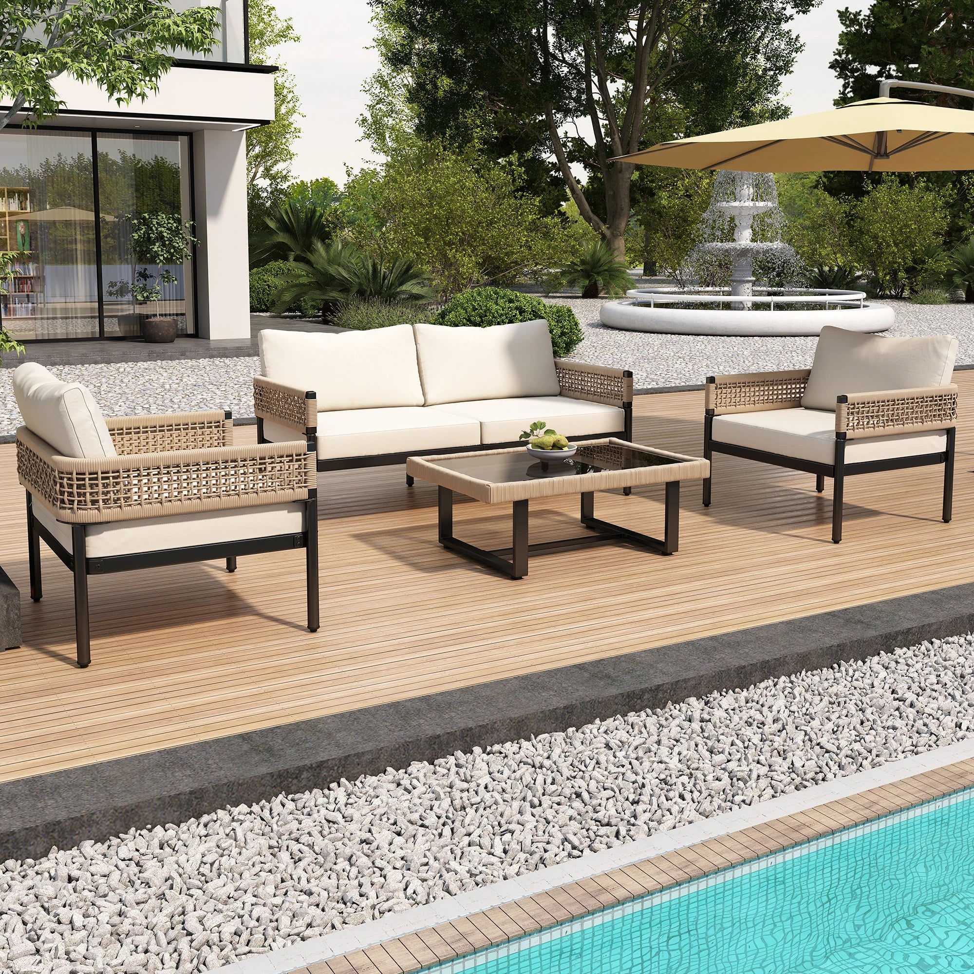 ensemble de meubles de jardin en fer et corde beige avec table en verre