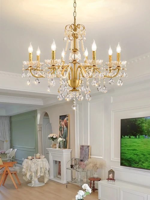 lustre moderne en or avec éclairage tube led et cristal