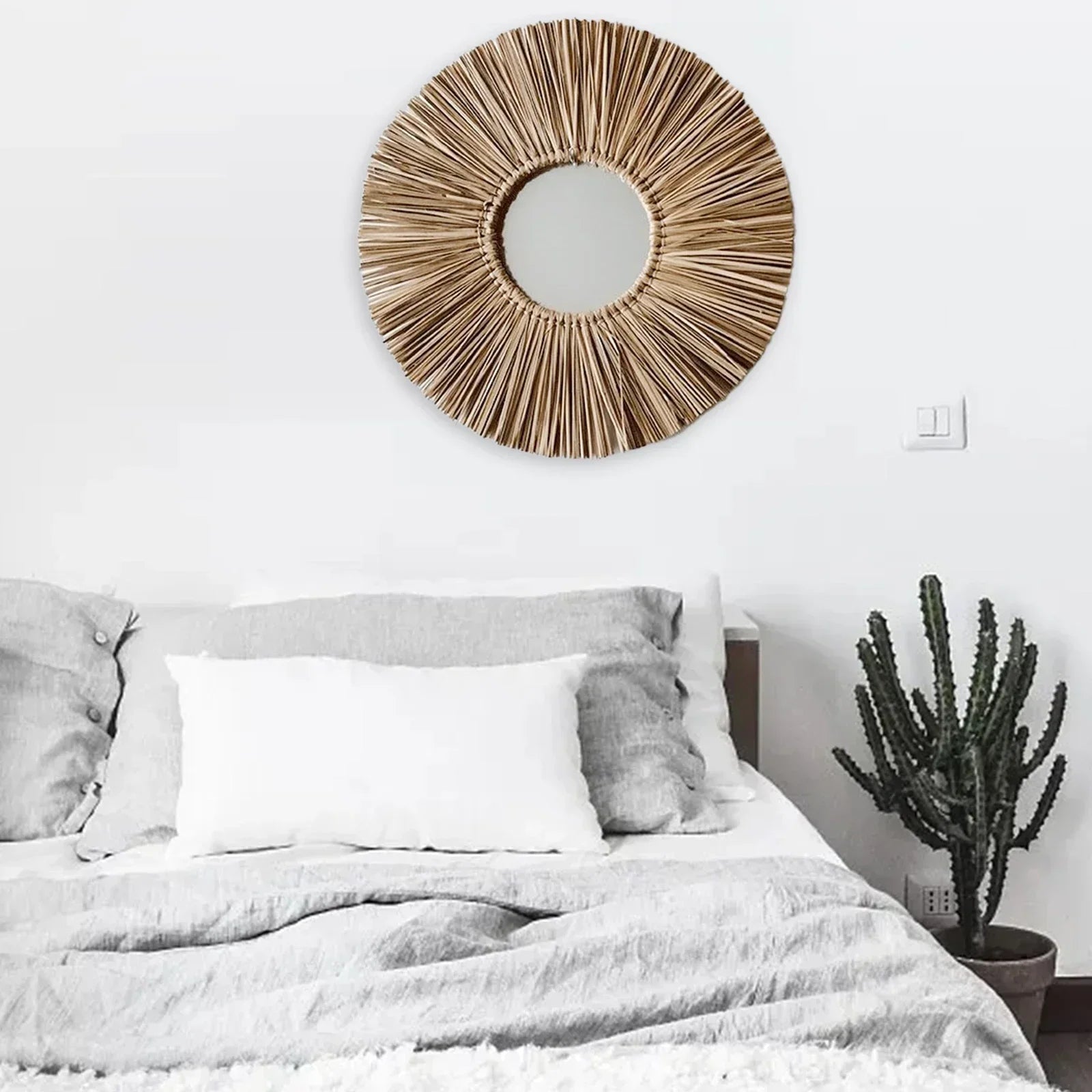 miroir mural rond en corde de paille fait main décoratif à suspendre - vue 5 sur 7