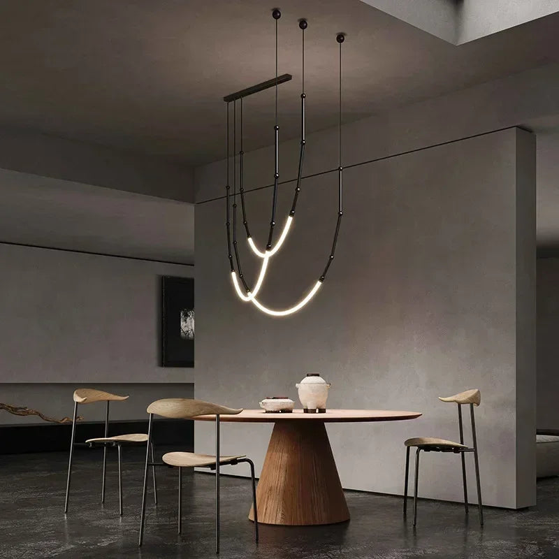 lustre moderne en bambou fer et silicone avec lumières led - vue 4 sur 17