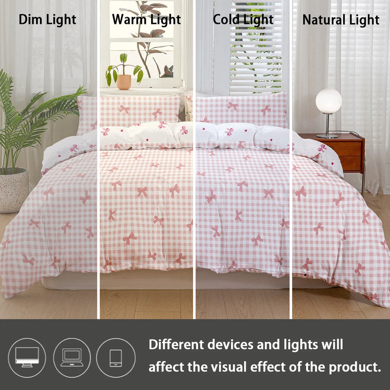 housse de couette à carreaux avec nœud papillon et 2 taies d'oreiller