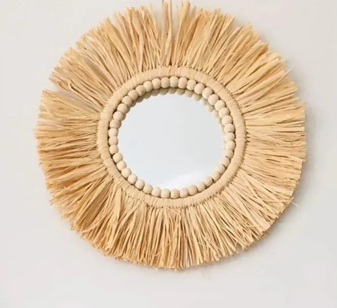 miroir décoratif bohème en paille tissée romantique pour mariage - vue 13 sur 13