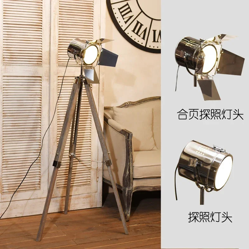 lampe de sol industrielle en bois avec trépied vintage réglable - vue 4 sur 9