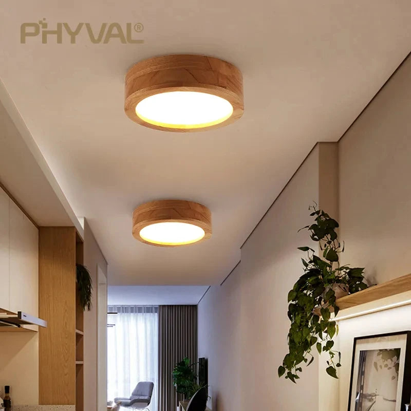 Plafonnier led design nordique en bois naturel montée en surface - vue 6 sur 10