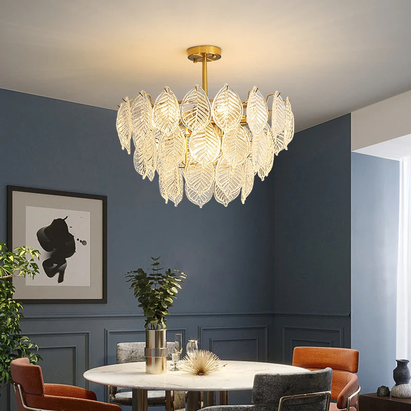 lustre moderne en verre suspendu avec décoration de feuilles