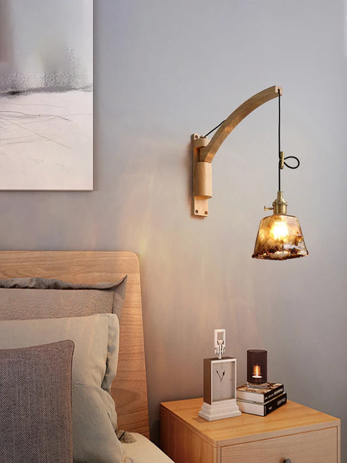 Solid Wood Fishing Wall Lamp, Master Bedroom Bedside Lamp Creative Natural Wood Color Living Room Corridor Lighting Fixture