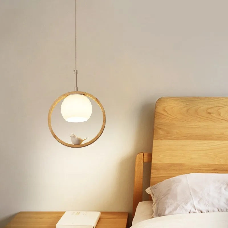 Suspension LED en verre nordique en forme d'oiseau rond en bois - vue 7 sur 15