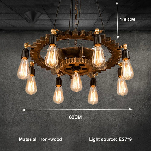 lustre industriel rétro créatif 9 têtes en bois pour loft restaurant café - vue 3 sur 9