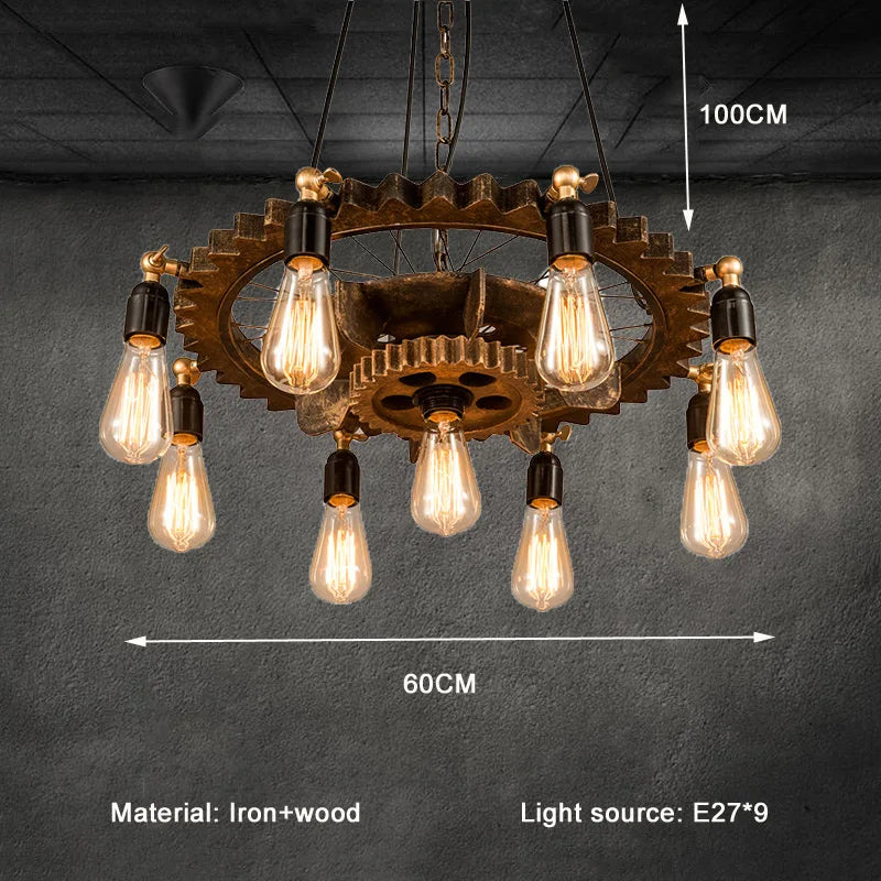lustre industriel rétro créatif 9 têtes en bois pour loft restaurant café - vue 3 sur 9