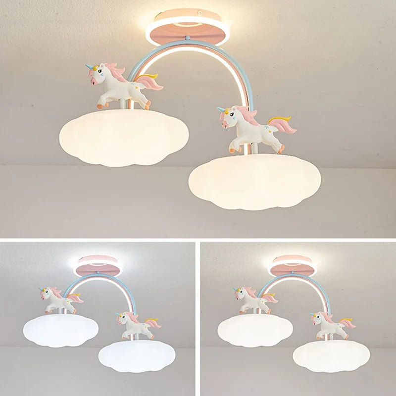 Dessin animé licorne lumière chambre d'enfant plafonnier avec télécommande nuage princesse chambre rose lustre lumière spectre complet - vue 4 sur 8