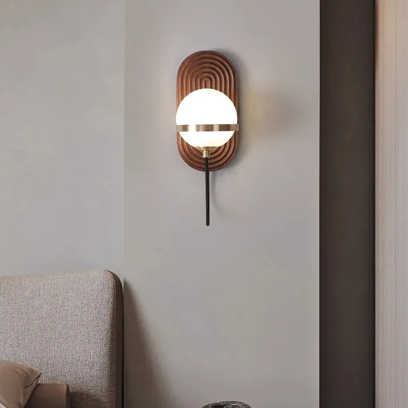 Walnut Wood Circular Sphere, Wabi-sabi minimalist Modern style, Wall Sconce light for Bedroom, Bedside, Living, Dining Room - vue 4 sur 8