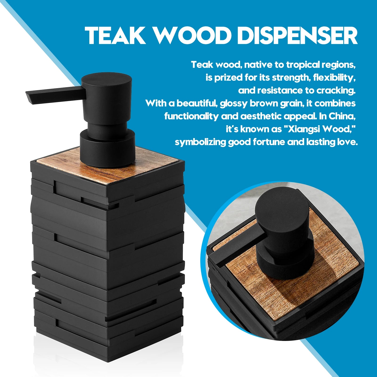 distributeur de savon noir mat avec décor en bois de teck grande capacité - vue 6 sur 6