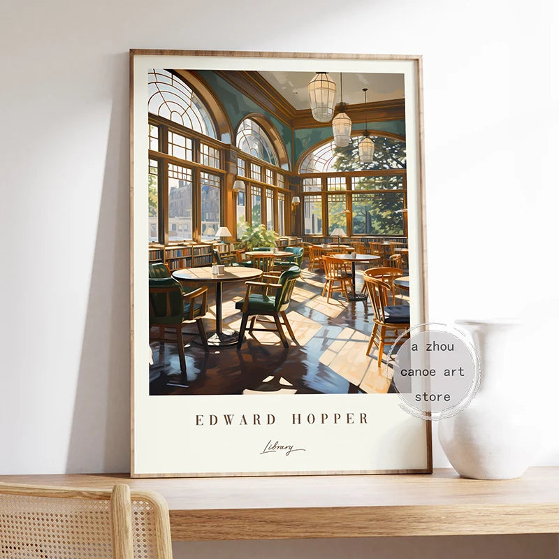 bibliothèque d'œuvres d'art classique edward hopper toile décoration murale - vue 3 sur 7