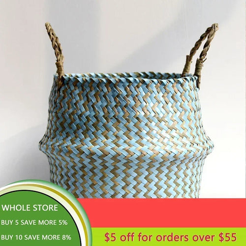 panier de rangement en osier pliable fait main patchwork seagrass