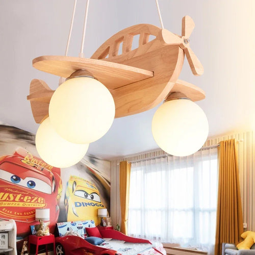 lustre moderne en bois fait main pour chambre enfant décor avion - vue 2 sur 7