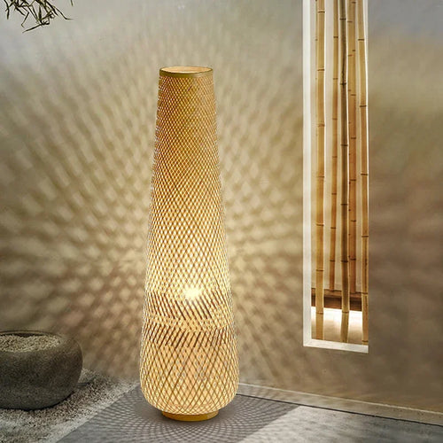 lampadaire cylindrique en bois et osier rétro tissé en bambou - vue 5 sur 9