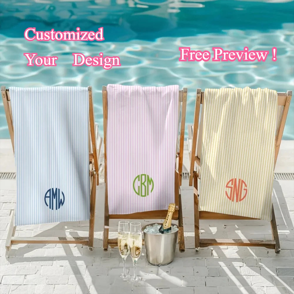 serviette de plage personnalisee monogramme rayures style preppy - vue 2 sur 6
