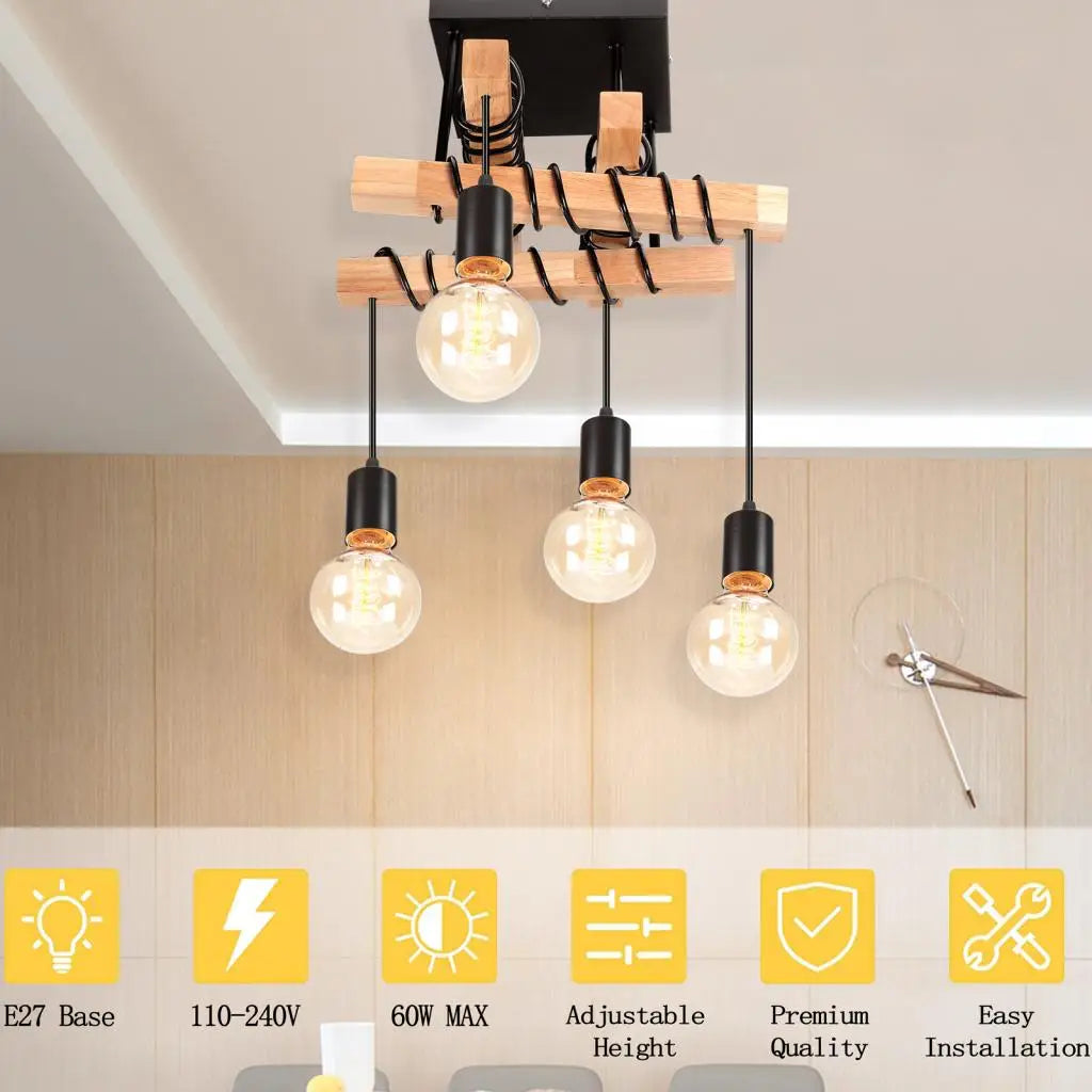 Vintage industriel bois plafond suspension lumières rétro Loft éclairage cuisine île suspension lampe Restaurant lustres Luminaire - vue 8 sur 7