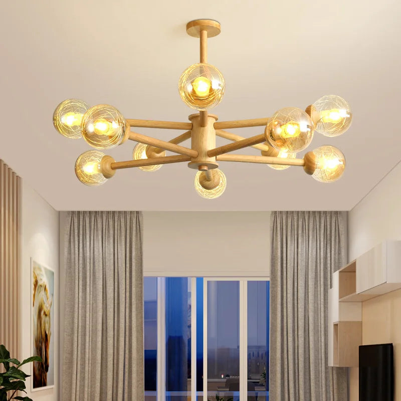 lustre moderne en bois avec abat-jour en verre pour décoration maison - vue 7 sur 10