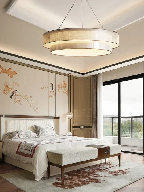 lustre circulaire style chinois zen avec tissu luminaire ingénierie - vue 4 sur 8