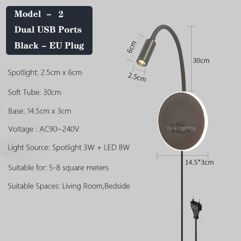 applique murale led moderne avec ports usb et interrupteur - vue 12 sur 22
