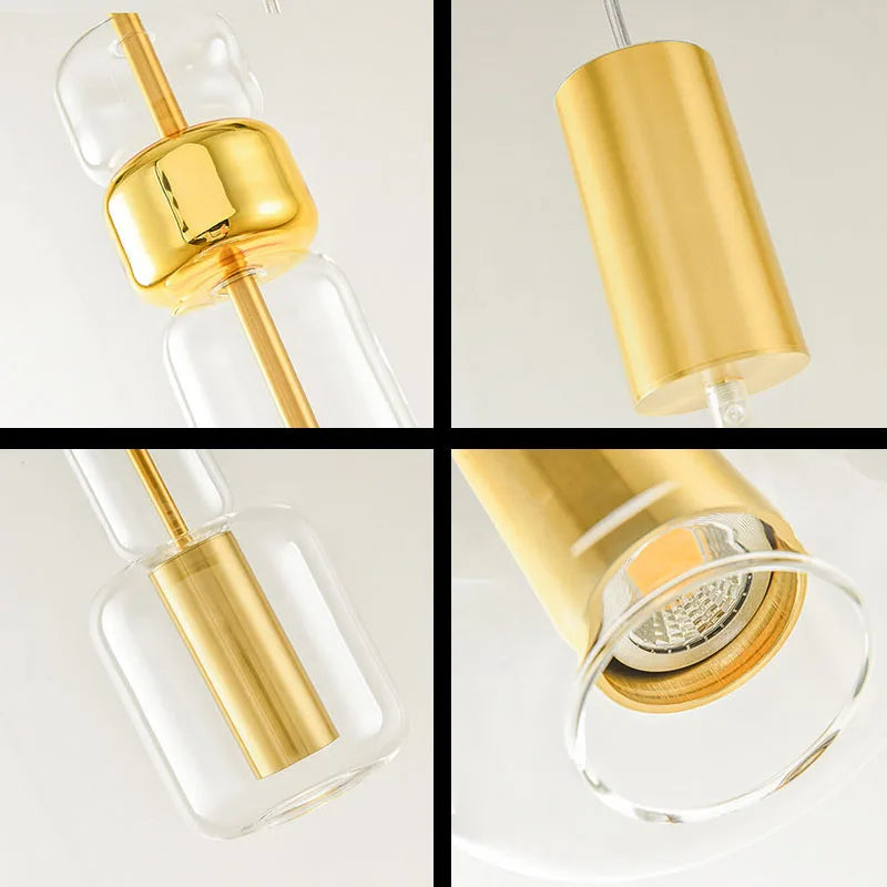suspension moderne en verre avec luminaires en métal doré et noir - vue 6 sur 8