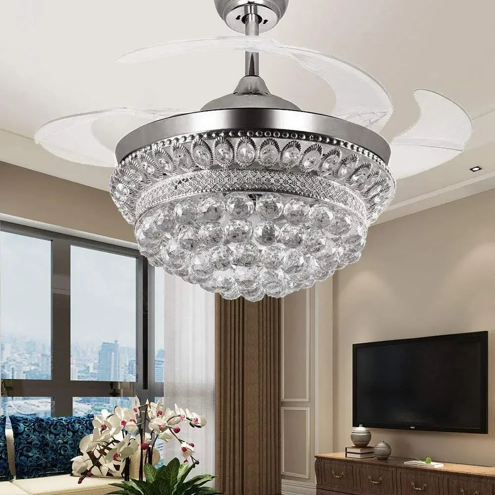 lustre ventilateur chromé en cristal avec lumière led changeante - vue 3 sur 8