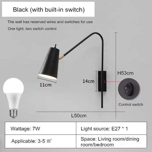 Minimally Adjustable Bedroom Bedside Wall Lamp, Long Arm Dining Room Wall Lamp, Nordic Long Pole Industrial Style Swing Arm Lamp - vue 11 sur 12