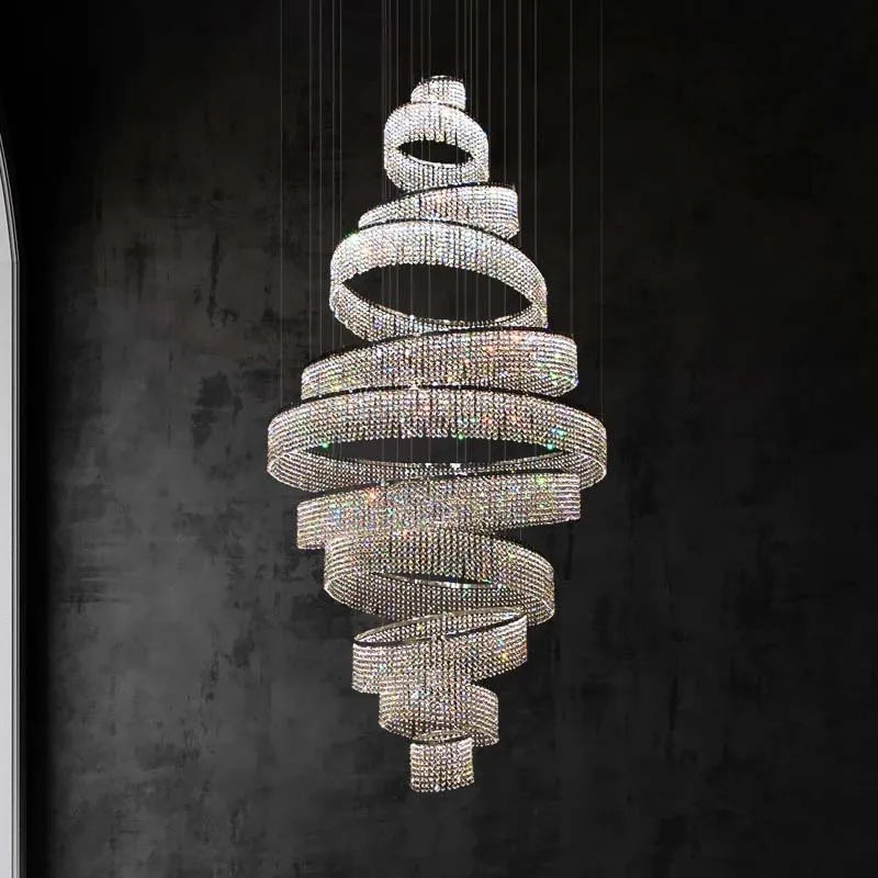 Escalier de luxe LED en Cristal lustre pour salon hall grand anneau moderne Cristal suspendu éclairage Chrome longue lampe d'intérieur - vue 3 sur 13