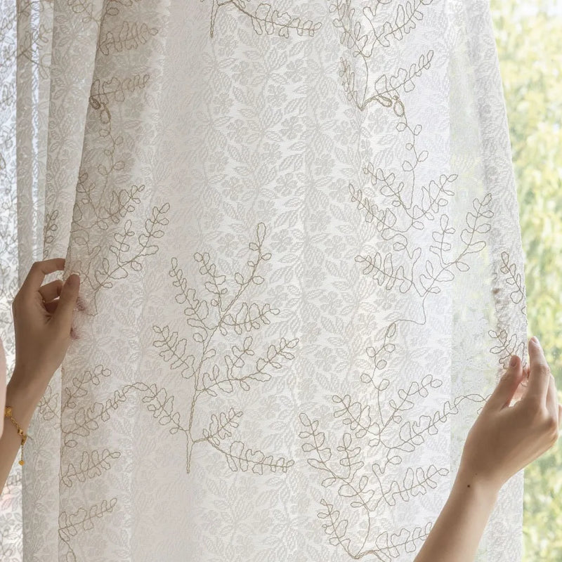 Voilage tulle brodé motifs feuilles pour salon chambre