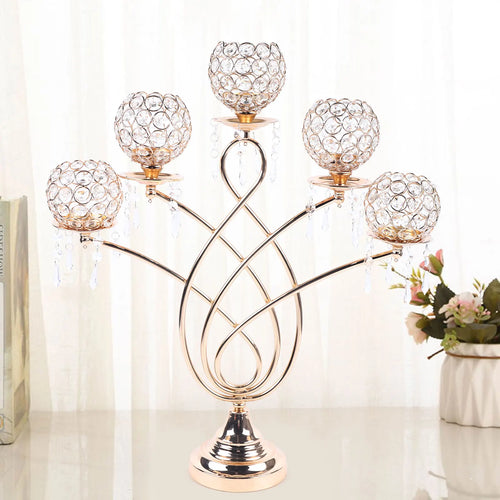 bougeoir en cristal doré à cinq bras pour décoration de mariage - vue 2 sur 7