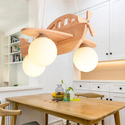 lustre moderne en bois fait main pour chambre enfant décor avion - vue 5 sur 7