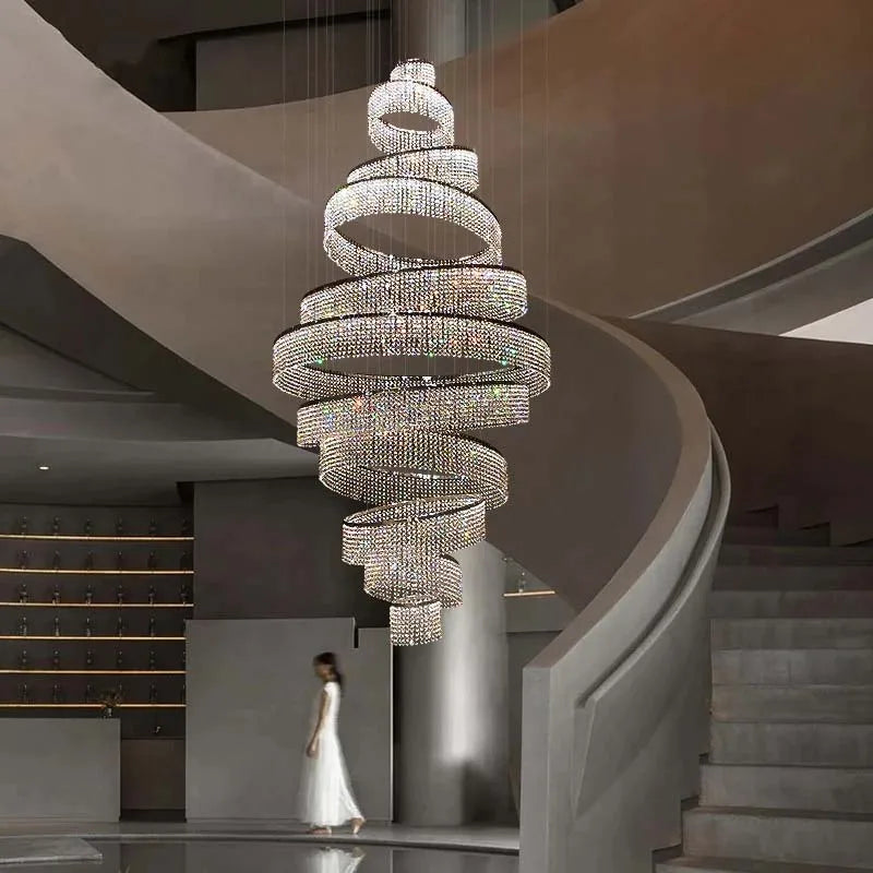 Escalier de luxe LED en Cristal lustre pour salon hall grand anneau moderne Cristal suspendu éclairage Chrome longue lampe d'intérieur - vue 5 sur 13