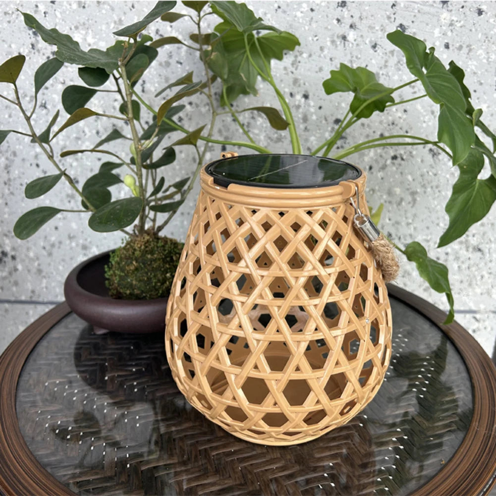 lanterne solaire extérieure en imitation bambou tissé décorative - vue 5 sur 7