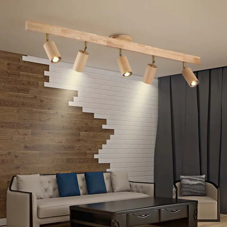 plafonnier en bois avec projecteur rotatif réglable décoratif - vue 5 sur 17