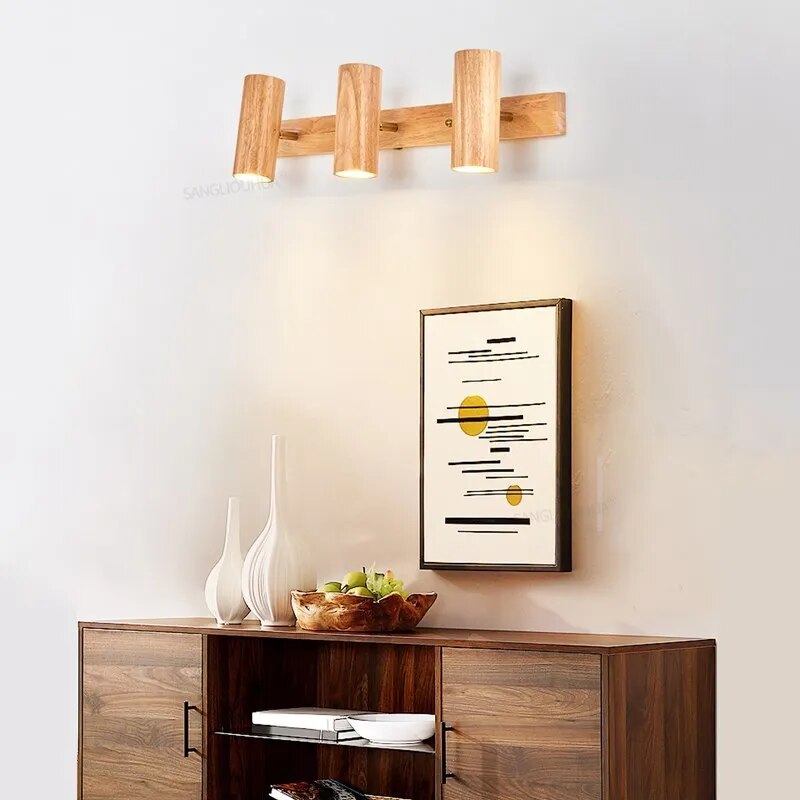 Applique murale LED nordique bois réglable projecteur étude den - vue 3 sur 12