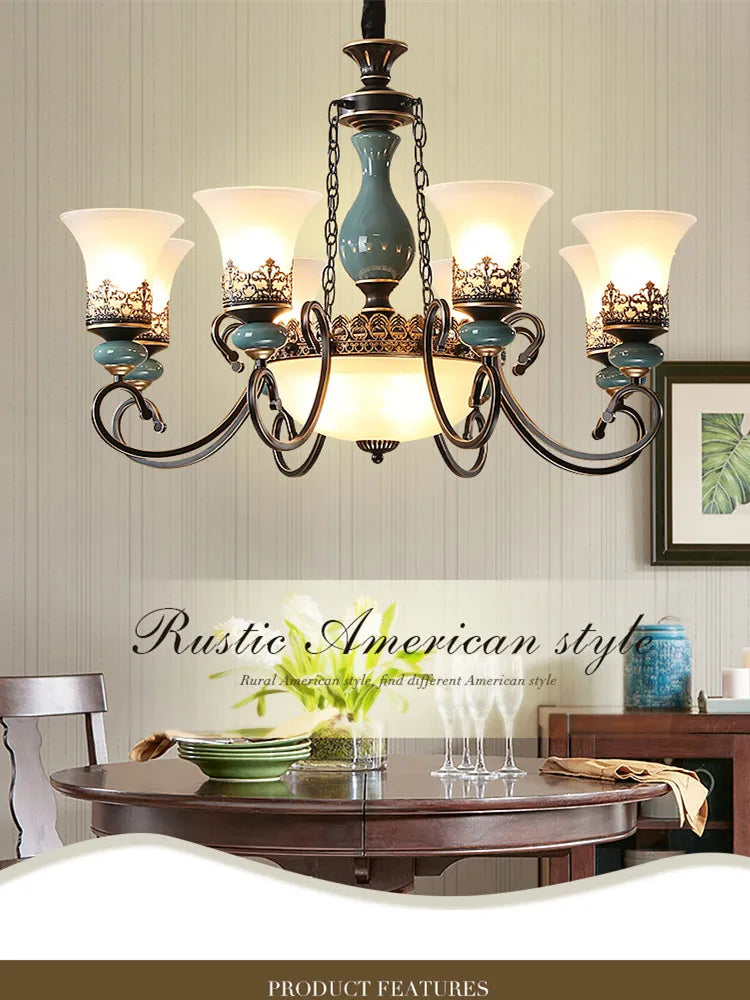 lustre rétro européen en céramique avec abat-jour en verre - vue 5 sur 21