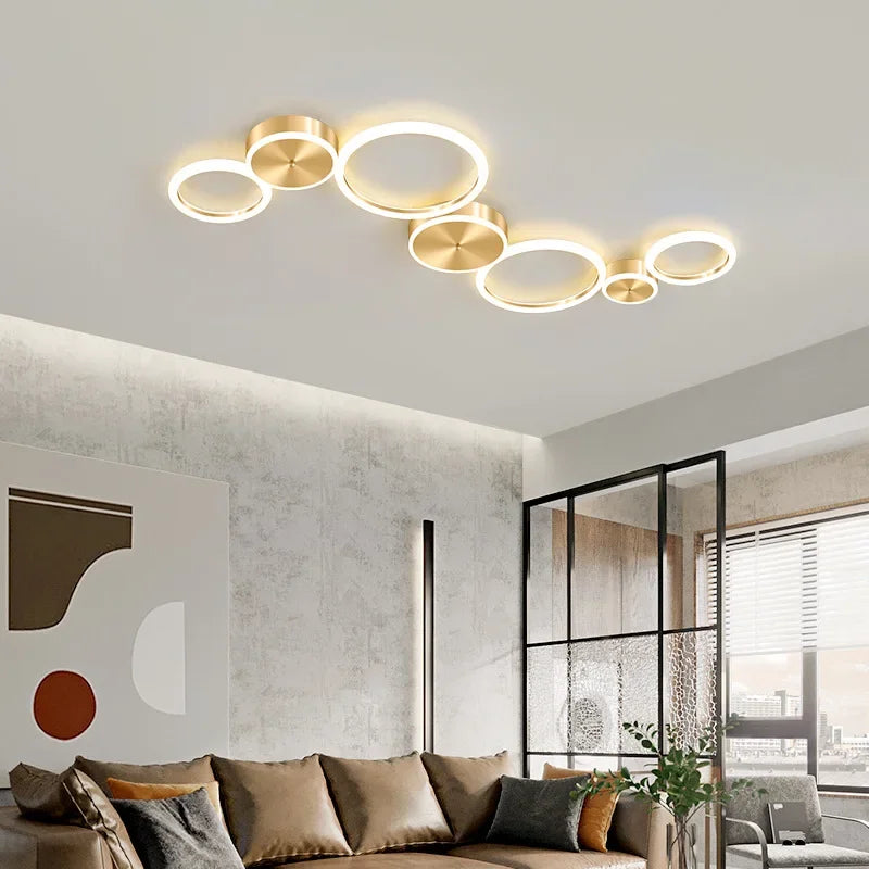 Plafond moderne à LEDs lustre en aluminium Simple plafonnier pour salon chambre salle à manger cercle anneaux plafonnier doré
