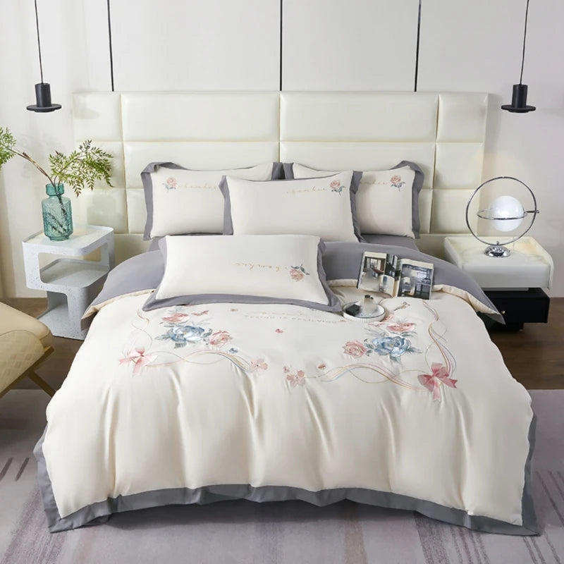 housse de couette 3 pièces élégante avec fleurs brodées